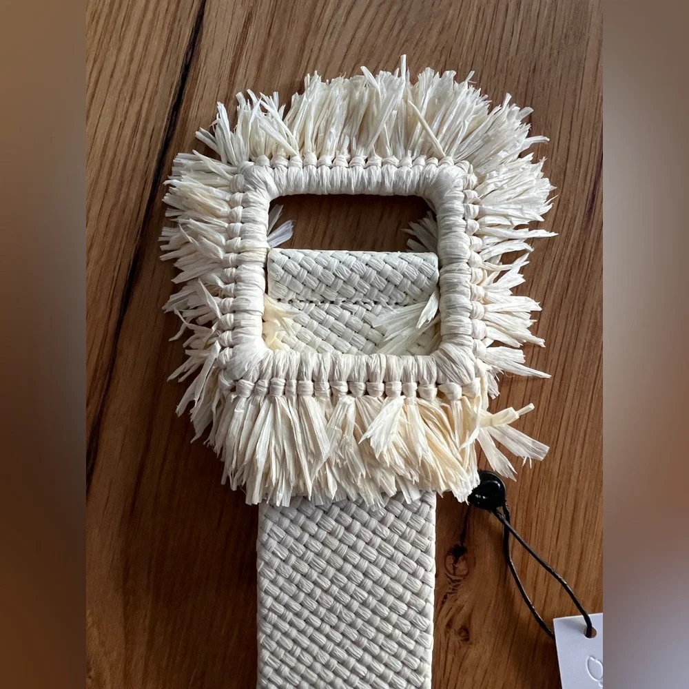 OSCAR DE LA RENTA WOVEN FRINGE TRIM BELT, IVORY, SIZE L, NWT 